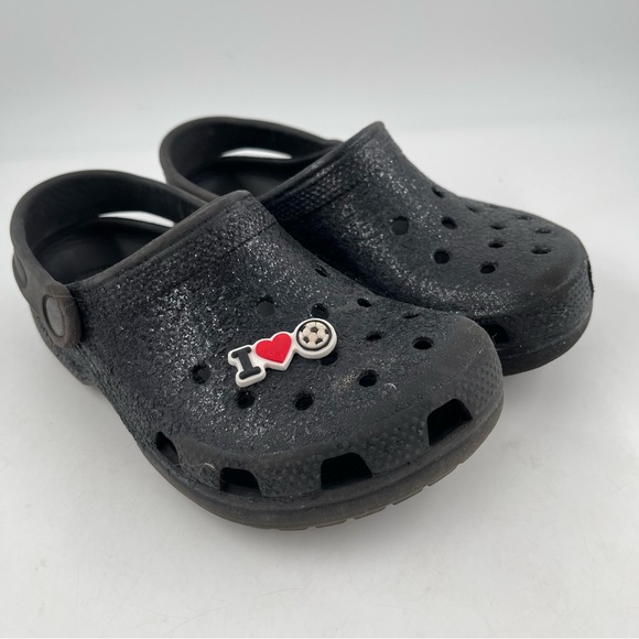 Crocs Unisex Kids Classic Black Glitter Clog Mules Shoes - Size 1 Youth - Picture 11 of 12